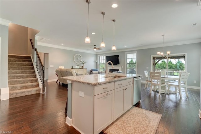 113 Crestbourne Ct, Stokesdale, NC 27357 - kitchen with open floor plan, stainless steel dishwasher, ornamental molding, dark wood-style flooring, and recessed lighting