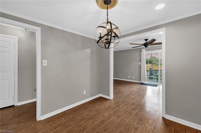 5660 W Market St Unit A, Greensboro, NC 27409 - empty room with baseboards, ornamental molding, dark wood finished floors, a chandelier, and a ceiling fan