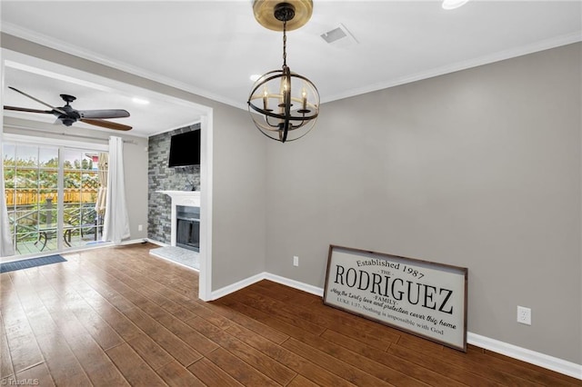 5660 W Market St Unit A, Greensboro, NC 27409 - unfurnished living room featuring a chandelier, ceiling fan, a fireplace, baseboards, and dark wood-style flooring