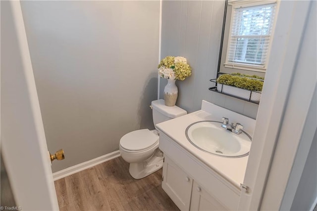 bathroom with wood-type flooring, vanity, and toilet