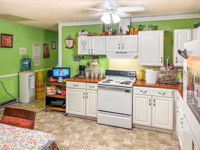 2778 Reynolds Park Rd, Winston-Salem, NC 27107 - kitchen featuring electric range, a ceiling fan, white cabinets, visible vents, and under cabinet range hood