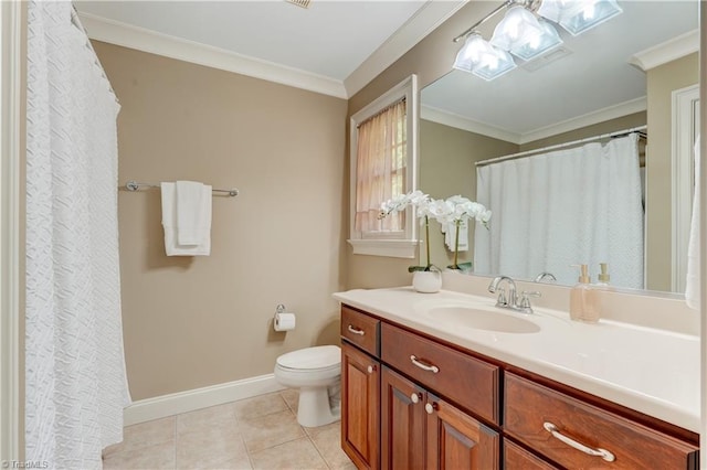 bathroom featuring vanity, toilet, crown molding, and tile patterned floors