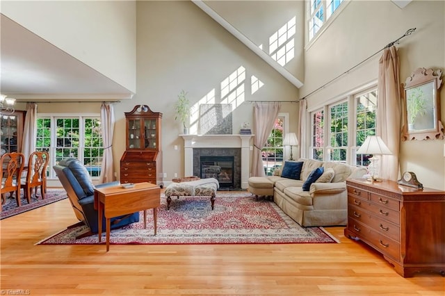 living room with light hardwood / wood-style floors and a high ceiling