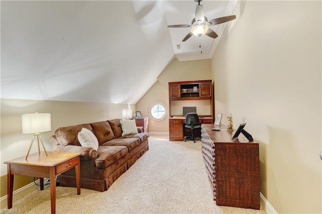 carpeted living room with ornamental molding, lofted ceiling, and ceiling fan