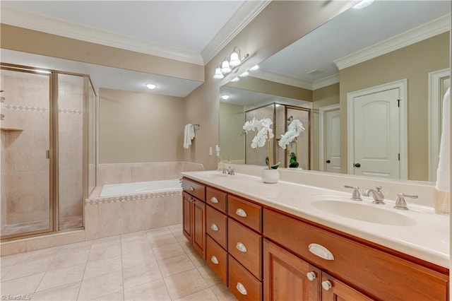 bathroom with vanity, crown molding, shower with separate bathtub, and tile patterned floors