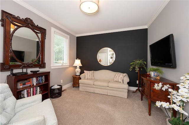 carpeted living room with ornamental molding