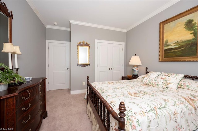 bedroom with crown molding, light carpet, and a closet