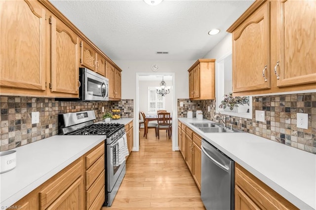 kitchen with light hardwood / wood-style flooring, a notable chandelier, stainless steel appliances, decorative backsplash, and sink