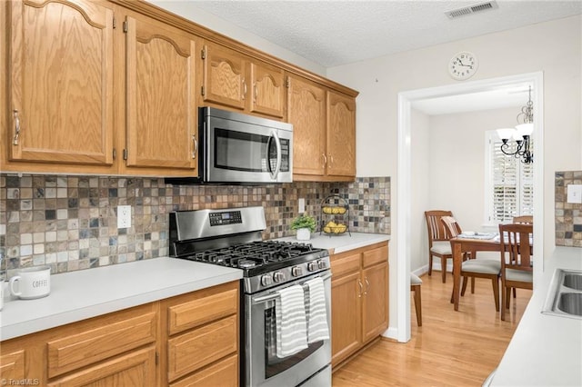 kitchen featuring a chandelier, light wood-type flooring, a textured ceiling, stainless steel appliances, and decorative backsplash