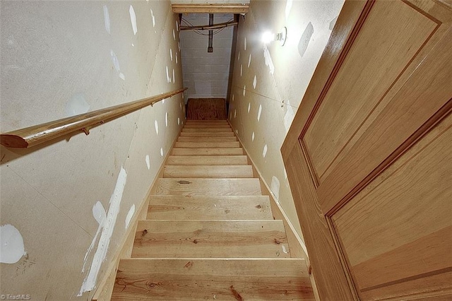 staircase with hardwood / wood-style floors