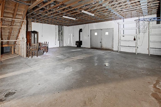 garage featuring a wood stove