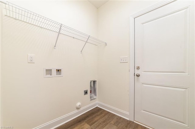 laundry room with hookup for a washing machine, baseboards, hookup for an electric dryer, laundry area, and dark wood-style flooring