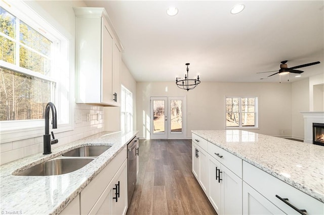 kitchen featuring a sink, dark wood-type flooring, white cabinets, stainless steel dishwasher, and tasteful backsplash