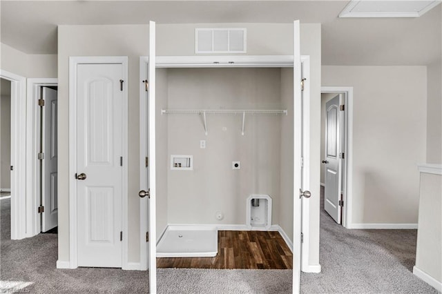 washroom featuring electric dryer hookup, visible vents, hookup for a gas dryer, hookup for a washing machine, and laundry area