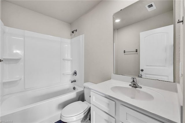 full bathroom featuring visible vents, toilet, vanity, and  shower combination