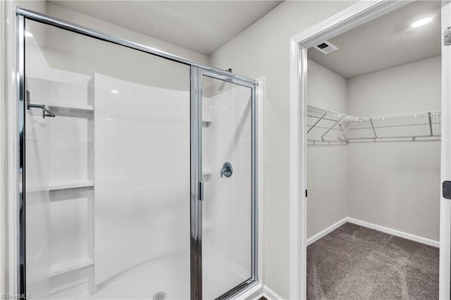 bathroom featuring baseboards, a stall shower, and a spacious closet