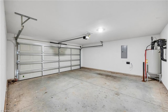 garage featuring electric panel, a garage door opener, and water heater