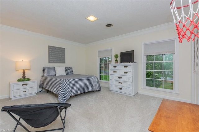 carpeted bedroom with crown molding