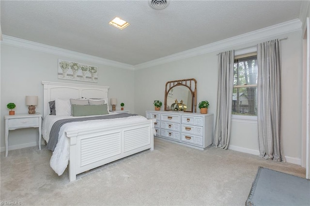 bedroom featuring a textured ceiling, ornamental molding, and light carpet