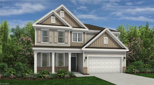 craftsman house featuring brick siding, board and batten siding, an attached garage, and driveway