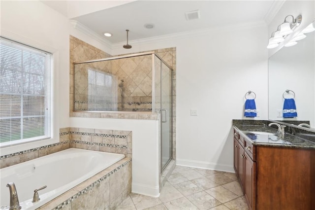 100 Wentworth Dr, Winston-Salem, NC 27107 - bathroom featuring vanity, a bath, a healthy amount of sunlight, and ornamental molding