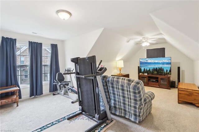 100 Wentworth Dr, Winston-Salem, NC 27107 - workout room with a ceiling fan, lofted ceiling, and carpet