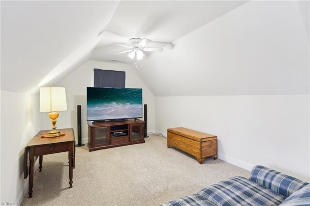100 Wentworth Dr, Winston-Salem, NC 27107 - carpeted living area featuring vaulted ceiling, a ceiling fan, and baseboards