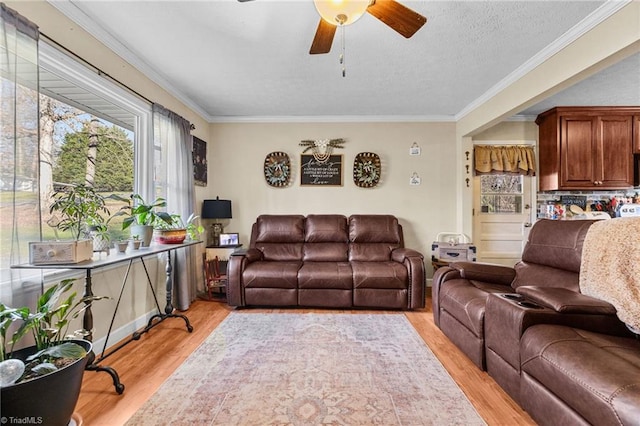 living room with a textured ceiling, ceiling fan, crown molding, and light hardwood / wood-style flooring