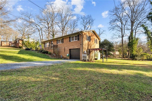 view of property exterior featuring a garage and a yard