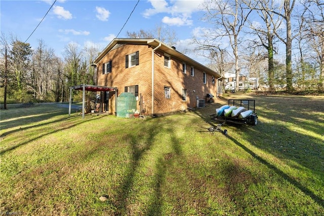 view of property exterior featuring a yard, cooling unit, and a pergola