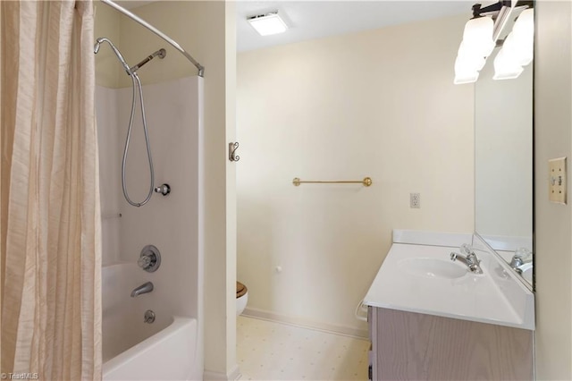 full bathroom with toilet, vanity, and shower / tub combo