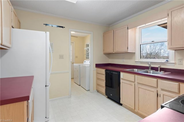 kitchen featuring sink, dishwasher, separate washer and dryer, white refrigerator, and light brown cabinets