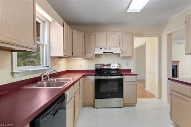 kitchen featuring stainless steel electric range, sink, black dishwasher, and ornamental molding