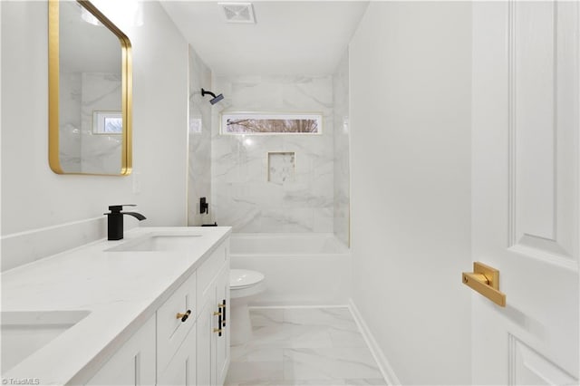 bathroom featuring toilet, marble finish floor, a sink, and visible vents