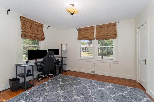 home office with hardwood / wood-style floors and a wealth of natural light