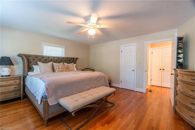 bedroom featuring ceiling fan and light wood-type flooring