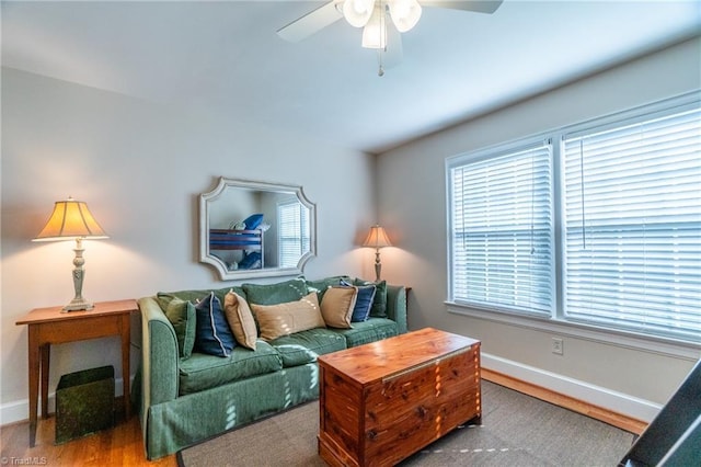 living room featuring ceiling fan and wood-type flooring