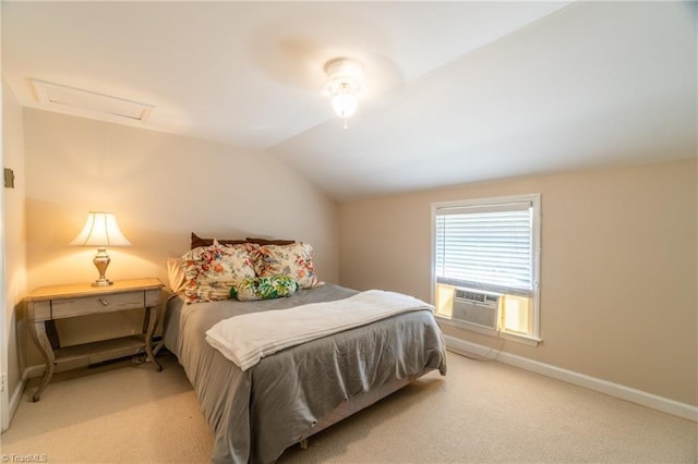 bedroom with lofted ceiling, cooling unit, and light carpet