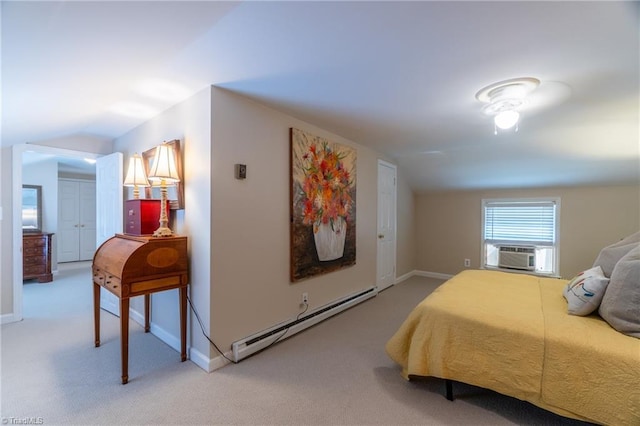 bedroom with cooling unit, a baseboard heating unit, light carpet, and vaulted ceiling