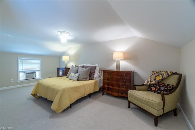 carpeted bedroom featuring cooling unit and vaulted ceiling