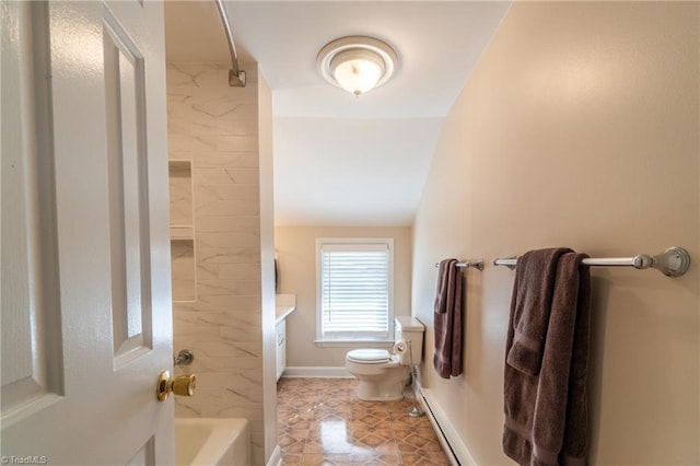 full bathroom with vanity, vaulted ceiling, tub / shower combination, and toilet