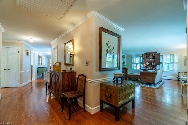 hallway featuring crown molding, dark wood-type flooring, and a baseboard radiator