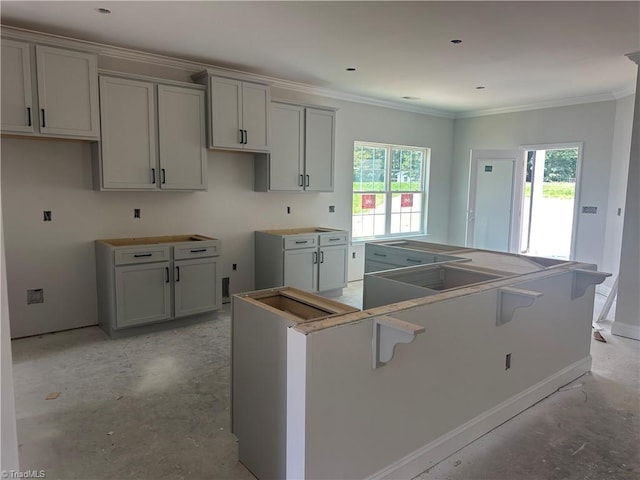 3293 Alyssa Way Lot 3, High Point, NC 27265 - kitchen featuring a kitchen island, gray cabinetry, a breakfast bar area, concrete floors, and crown molding