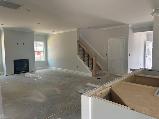 3293 Alyssa Way Lot 3, High Point, NC 27265 - unfurnished living room with crown molding, a fireplace, and stairs