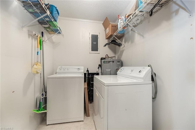 laundry area featuring electric panel, electric water heater, crown molding, and independent washer and dryer