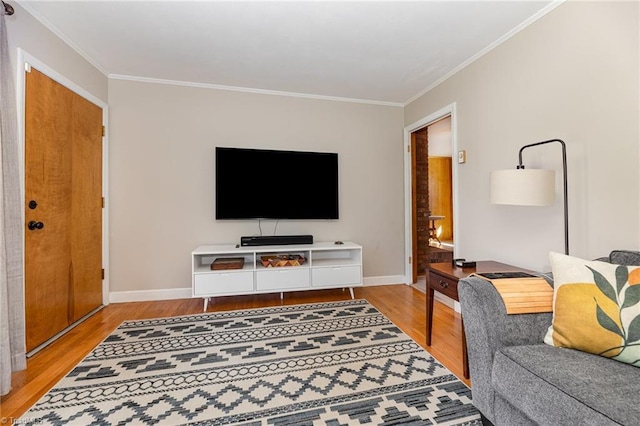 living room featuring ornamental molding and light hardwood / wood-style floors