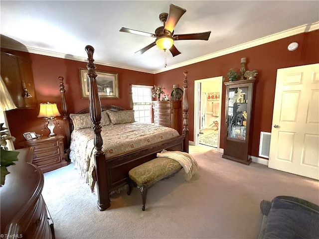 bedroom featuring baseboards, visible vents, ceiling fan, ornamental molding, and light colored carpet