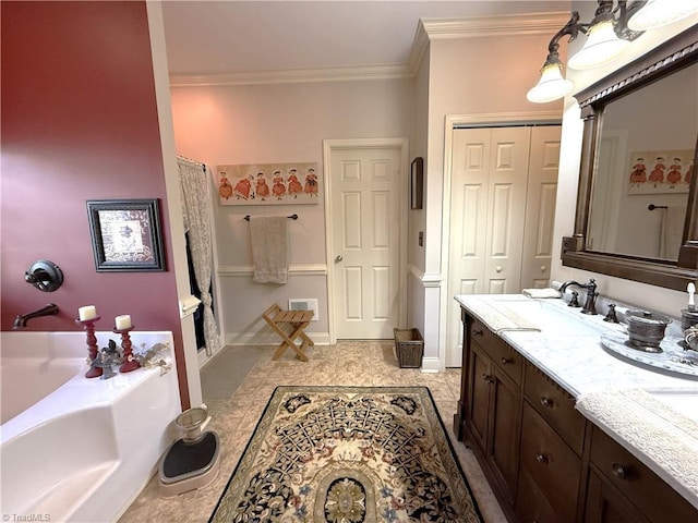 full bathroom featuring visible vents, double vanity, a sink, ornamental molding, and a garden tub