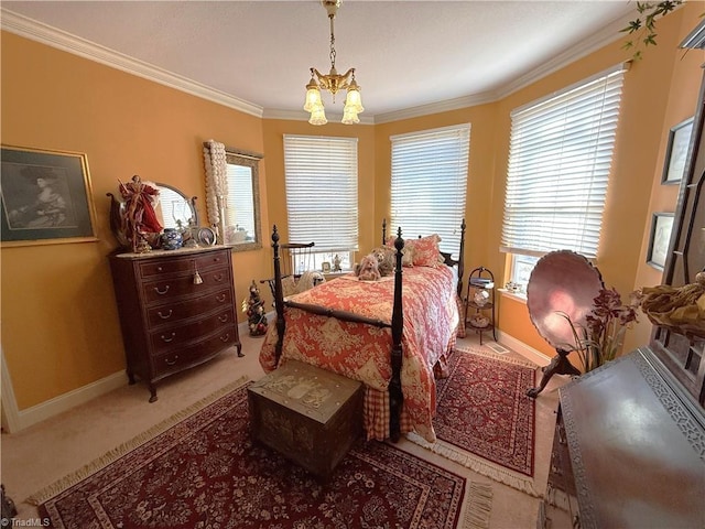 bedroom featuring an inviting chandelier, light colored carpet, baseboards, and ornamental molding