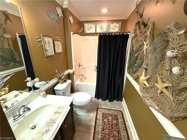 full bathroom featuring tile patterned floors, shower / tub combo with curtain, toilet, ornamental molding, and vanity